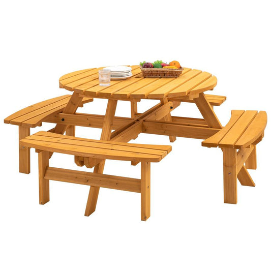 JMT-568394 Natural Wood Outdoor Picnic Table with 4 Built-in Benches for Camping and Gatherings