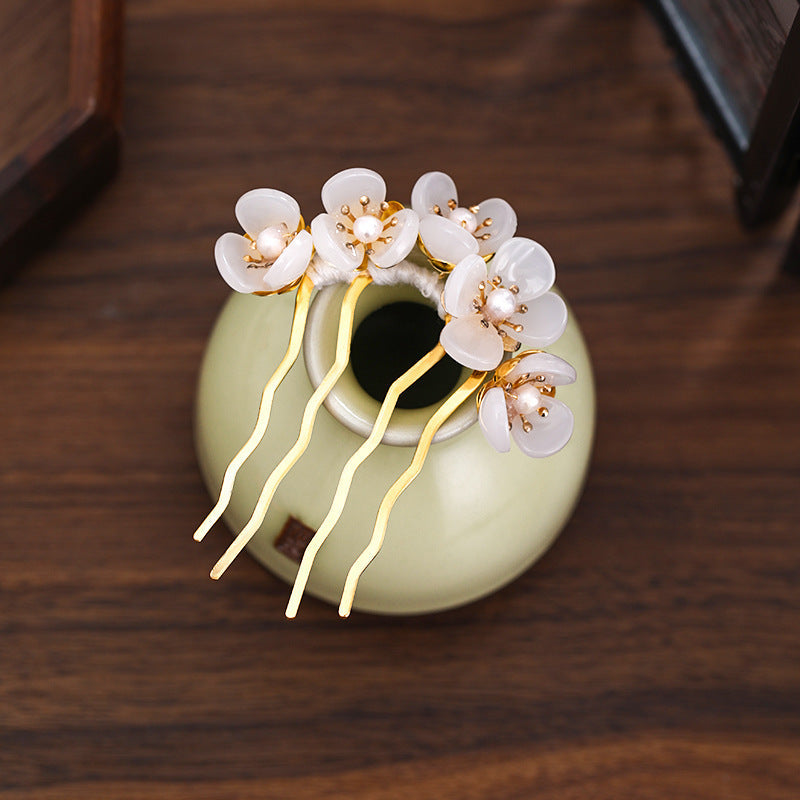 JMT-569034 Handmade Antique Jade Headdress Hairpin with Beaded Petals – Geometric Women's Accessory