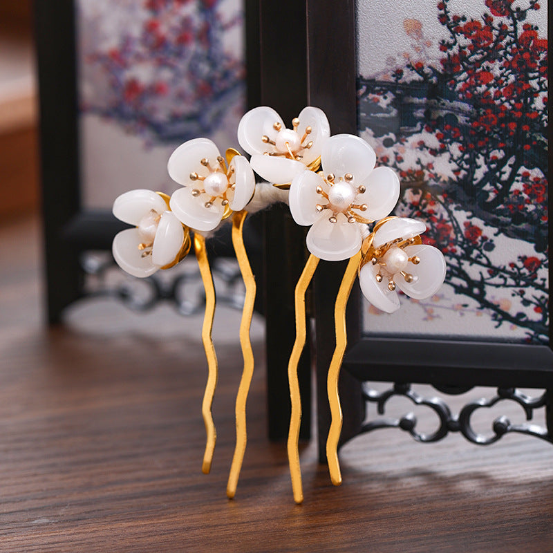 JMT-569034 Handmade Antique Jade Headdress Hairpin with Beaded Petals – Geometric Women's Accessory