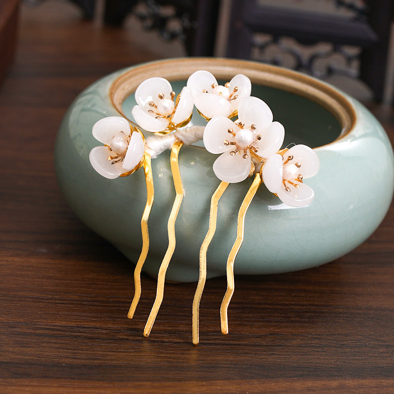 JMT-569034 Handmade Antique Jade Headdress Hairpin with Beaded Petals – Geometric Women's Accessory