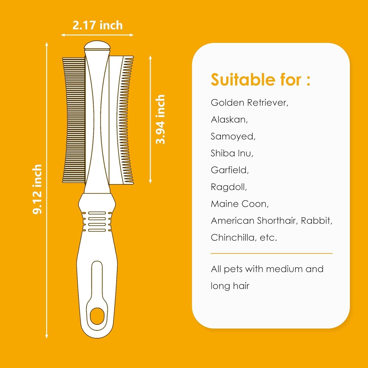 JMT-569738 2-in-1 Dog and Cat Deshedding Brush with Dual-Sided Comb for Effective Grooming of Short, Medium, or Long Hair