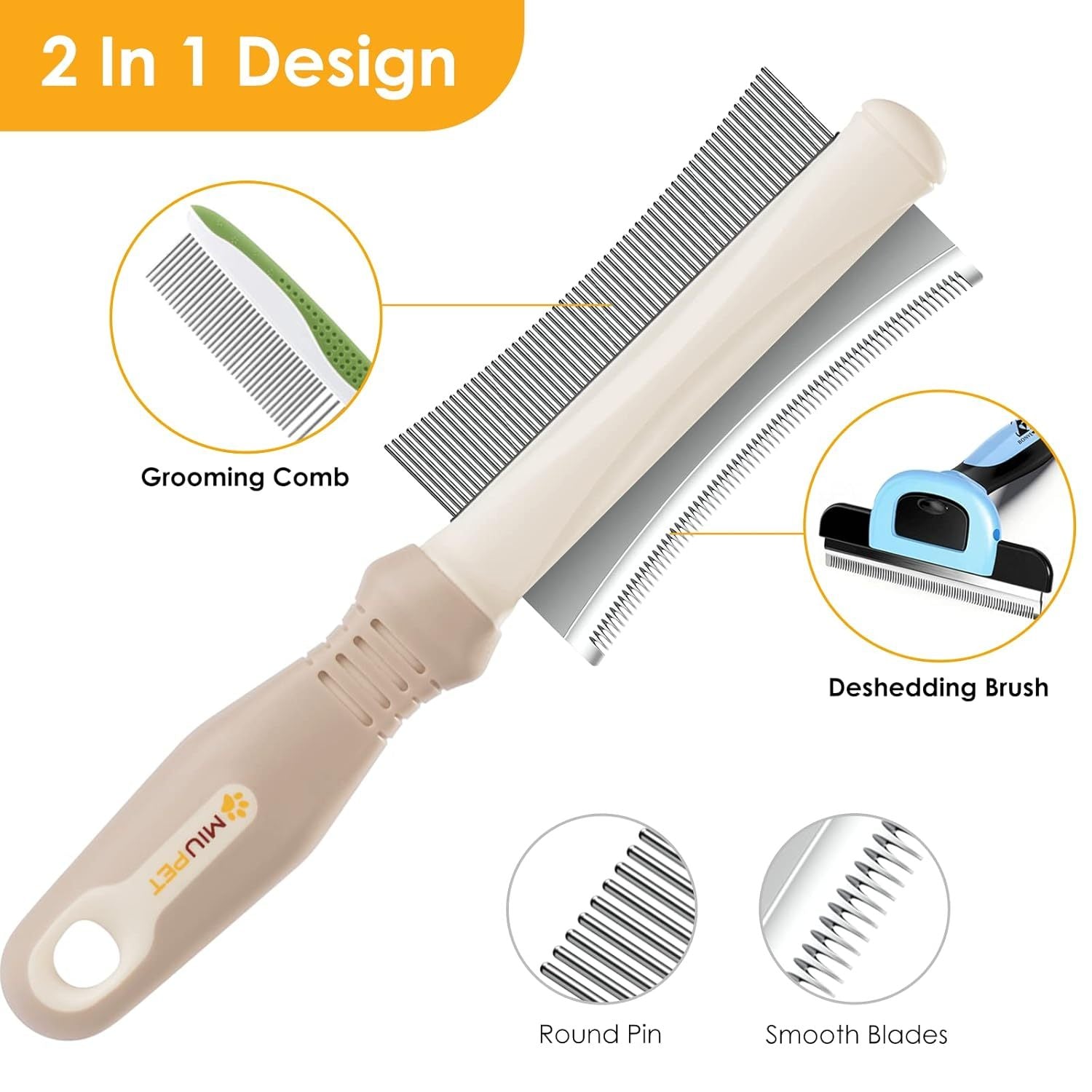JMT-569738 2-in-1 Dog and Cat Deshedding Brush with Dual-Sided Comb for Effective Grooming of Short, Medium, or Long Hair