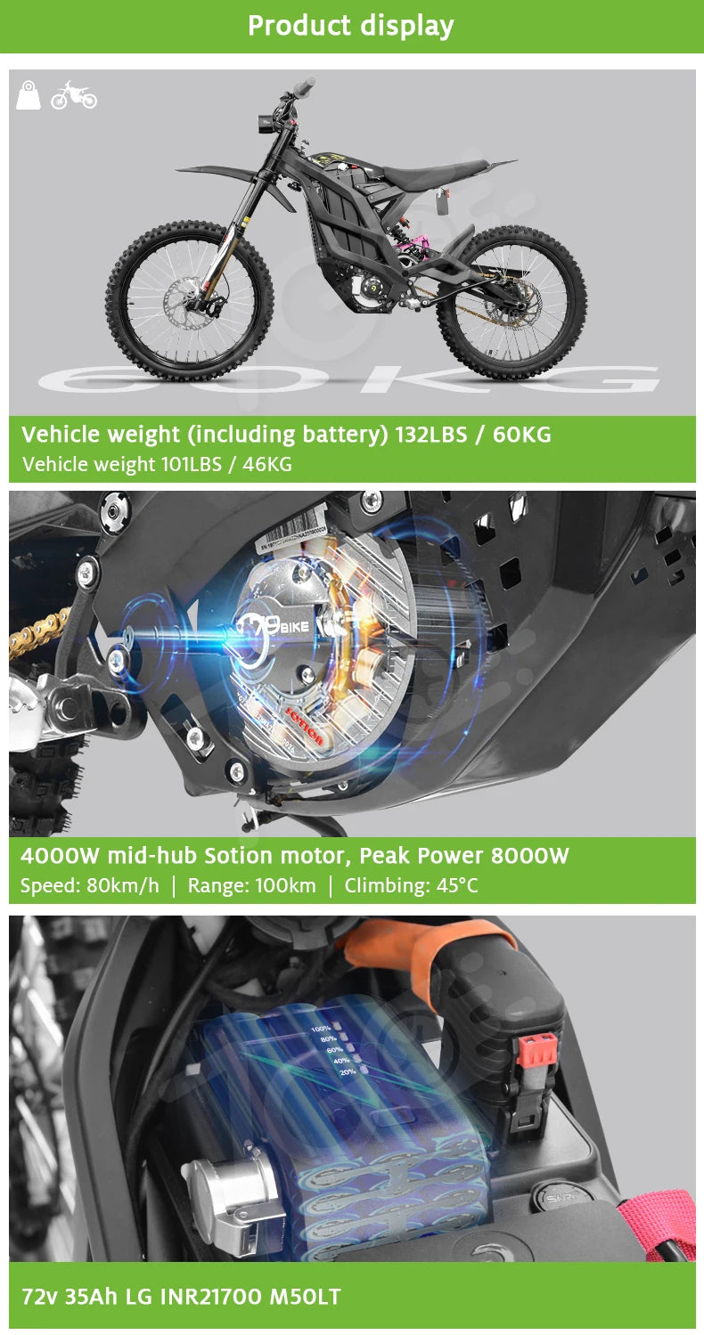 JMT-573706 8000W Electric Dirt Bike with RE-Gen Brake System - 72V 35AH Enduro Dirt Bike for Adults , Top Speed 27.9 mph