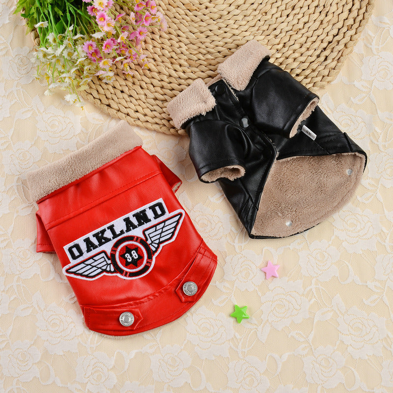 JMT-574730 Casual Black PU Leather Dog Jacket with Embroidery