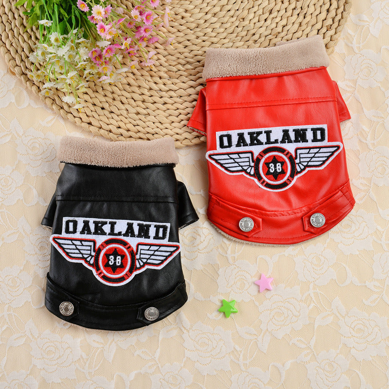 JMT-574730 Casual Black PU Leather Dog Jacket with Embroidery