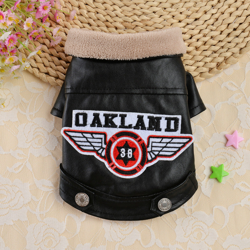 JMT-574730 Casual Black PU Leather Dog Jacket with Embroidery