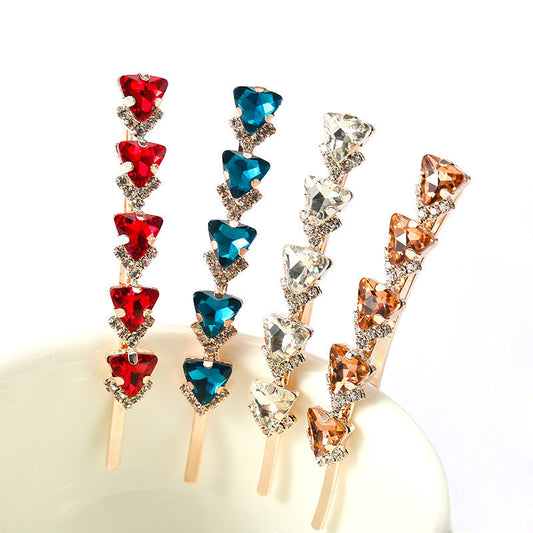 JMT-574794 Elegant Rhinestone Hairpin with Floral Design - Multi-Color Triangle Crystal Clips for Women