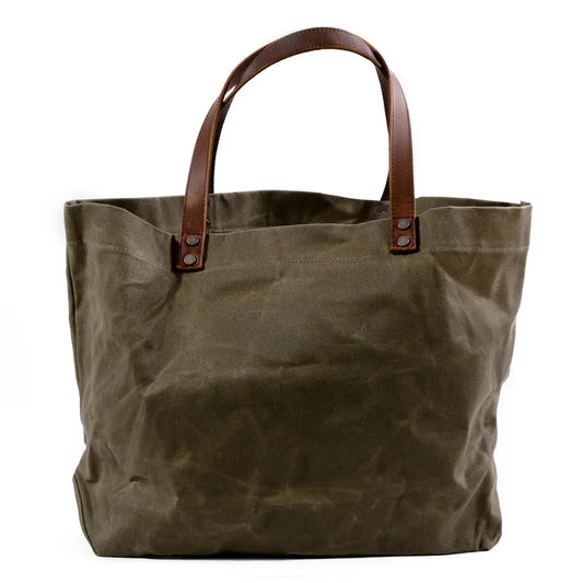 JMT-575946 Waterproof Wax Canvas Casual Shoulder Handbag with Cowhide Trim