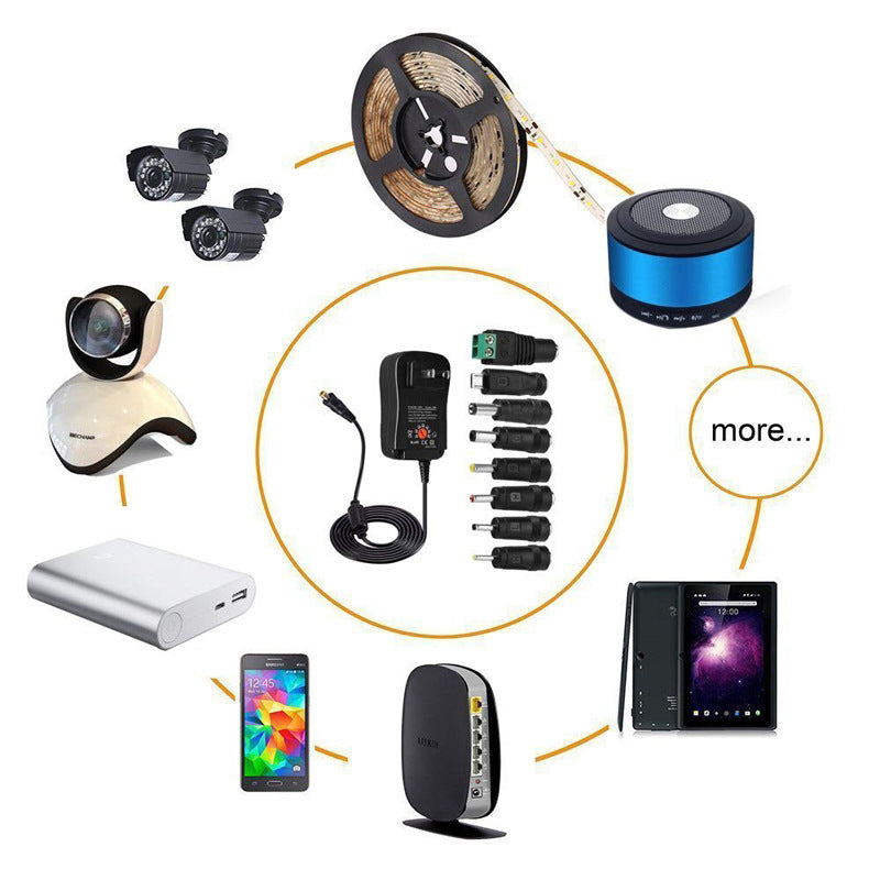 JMT-576586 30W Adjustable Power Adapter with Multi-Output for Tablets, Cameras, and LED Lighting