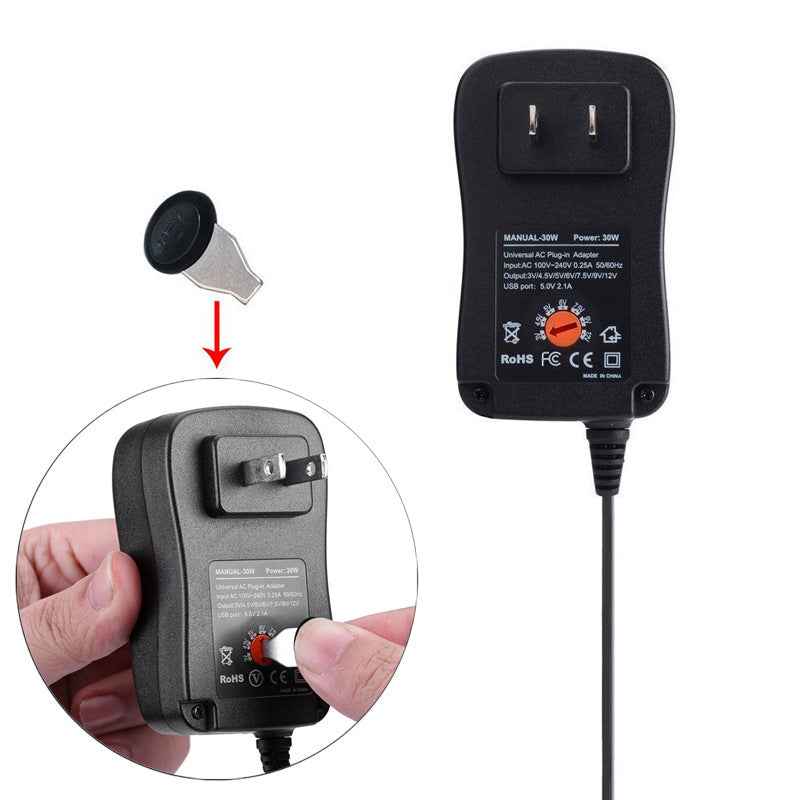 JMT-576586 30W Adjustable Power Adapter with Multi-Output for Tablets, Cameras, and LED Lighting