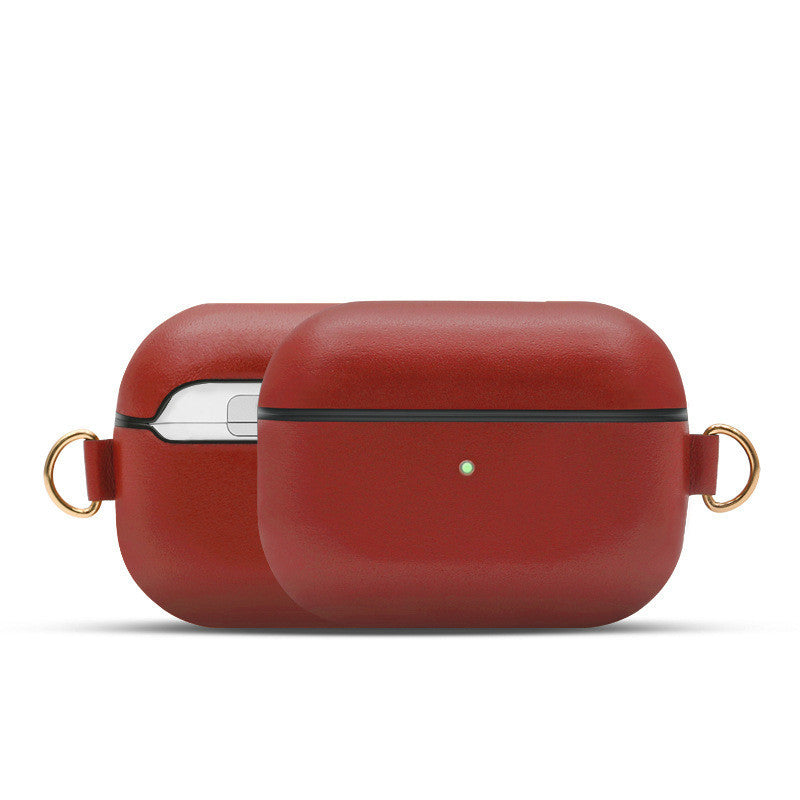 JMT-577226 Genuine Leather Protective Earphone Case with Metal Ring for Wireless Charging Compatibility