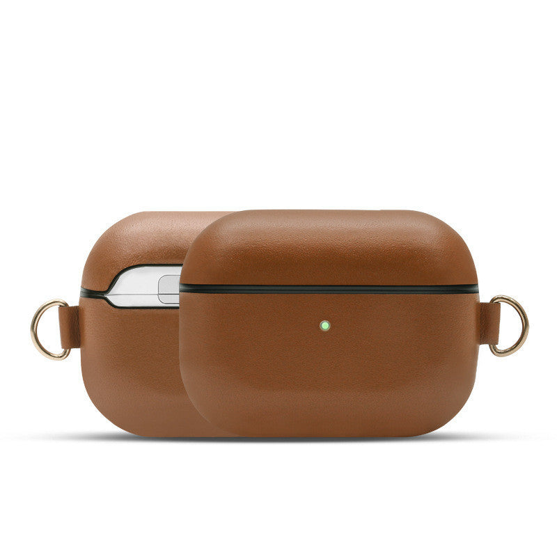 JMT-577226 Genuine Leather Protective Earphone Case with Metal Ring for Wireless Charging Compatibility