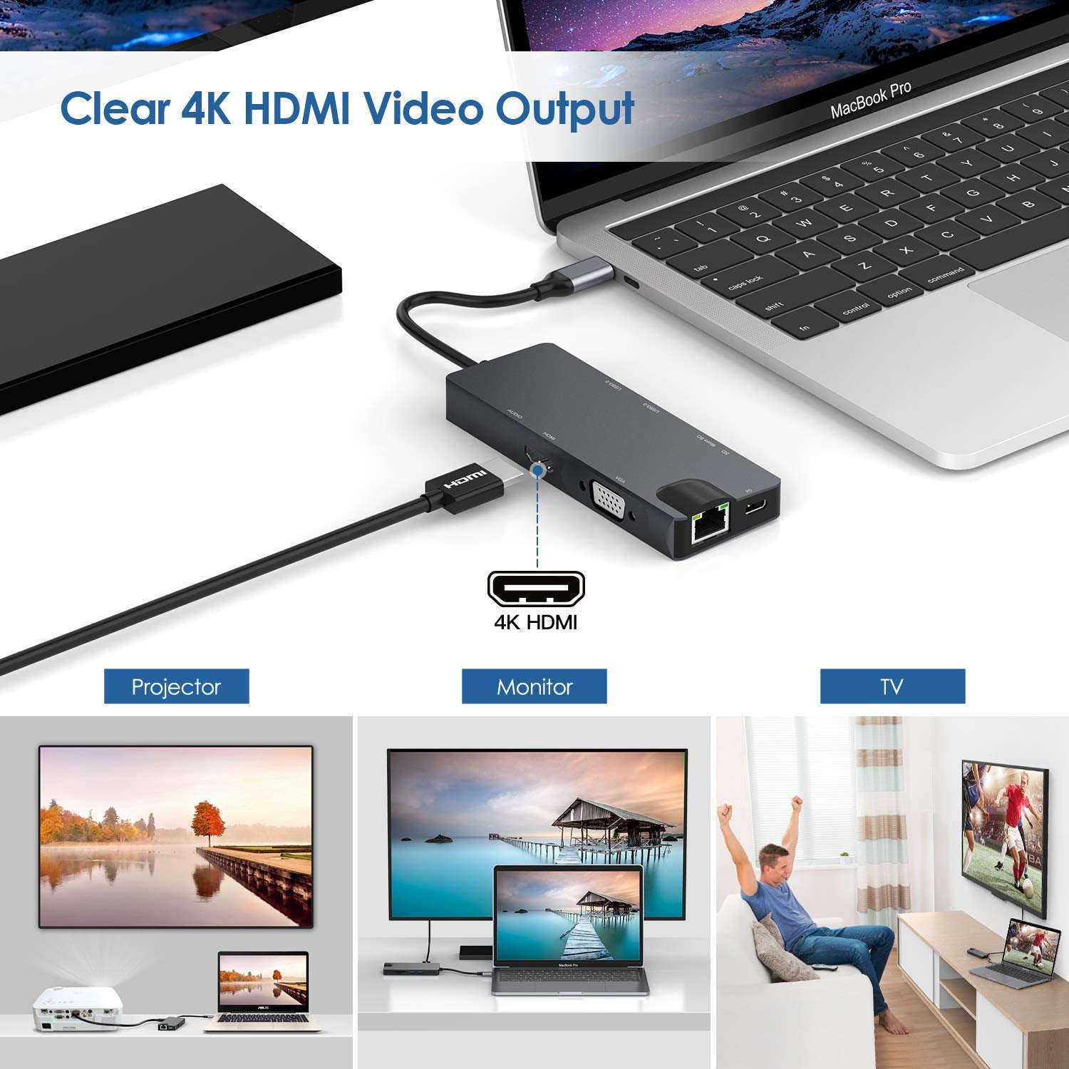 JMT-577674 USB-C Multiport Hub with HDMI, VGA, USB 3.0, SD/TF Card Reader and Gigabit Ethernet
