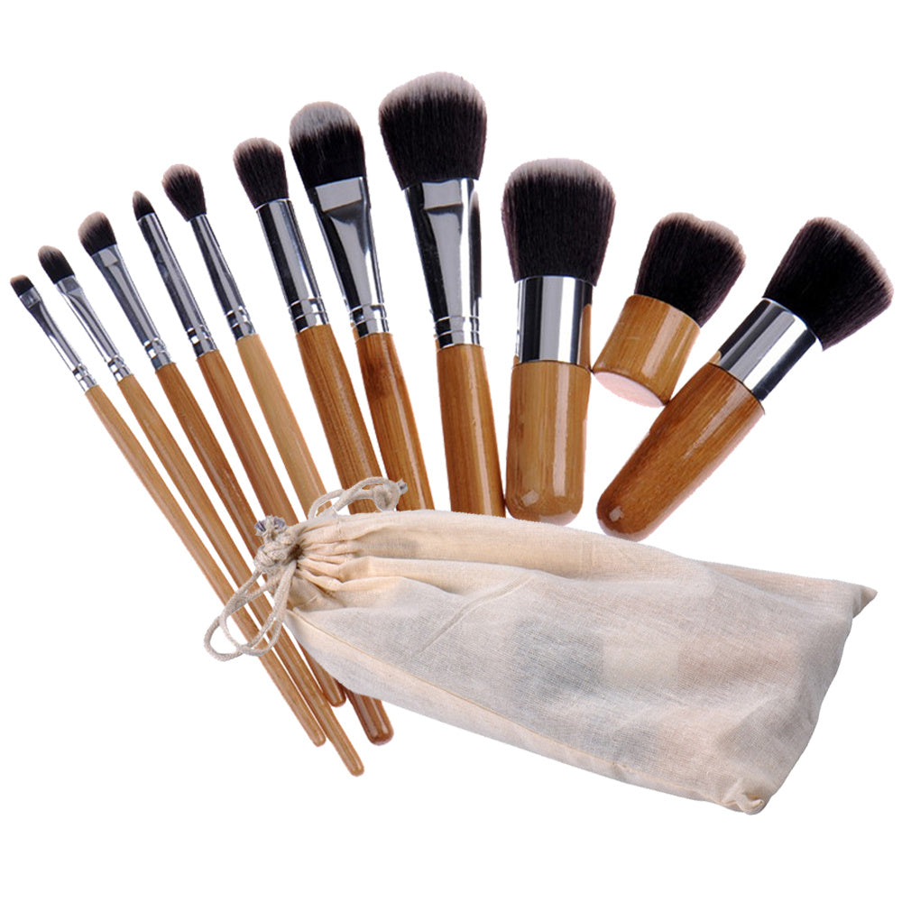 JMT-578698 11-Piece Makeup Brush Set with Man-Made Fiber Brushes and Bamboo Handles, Long Rod Design