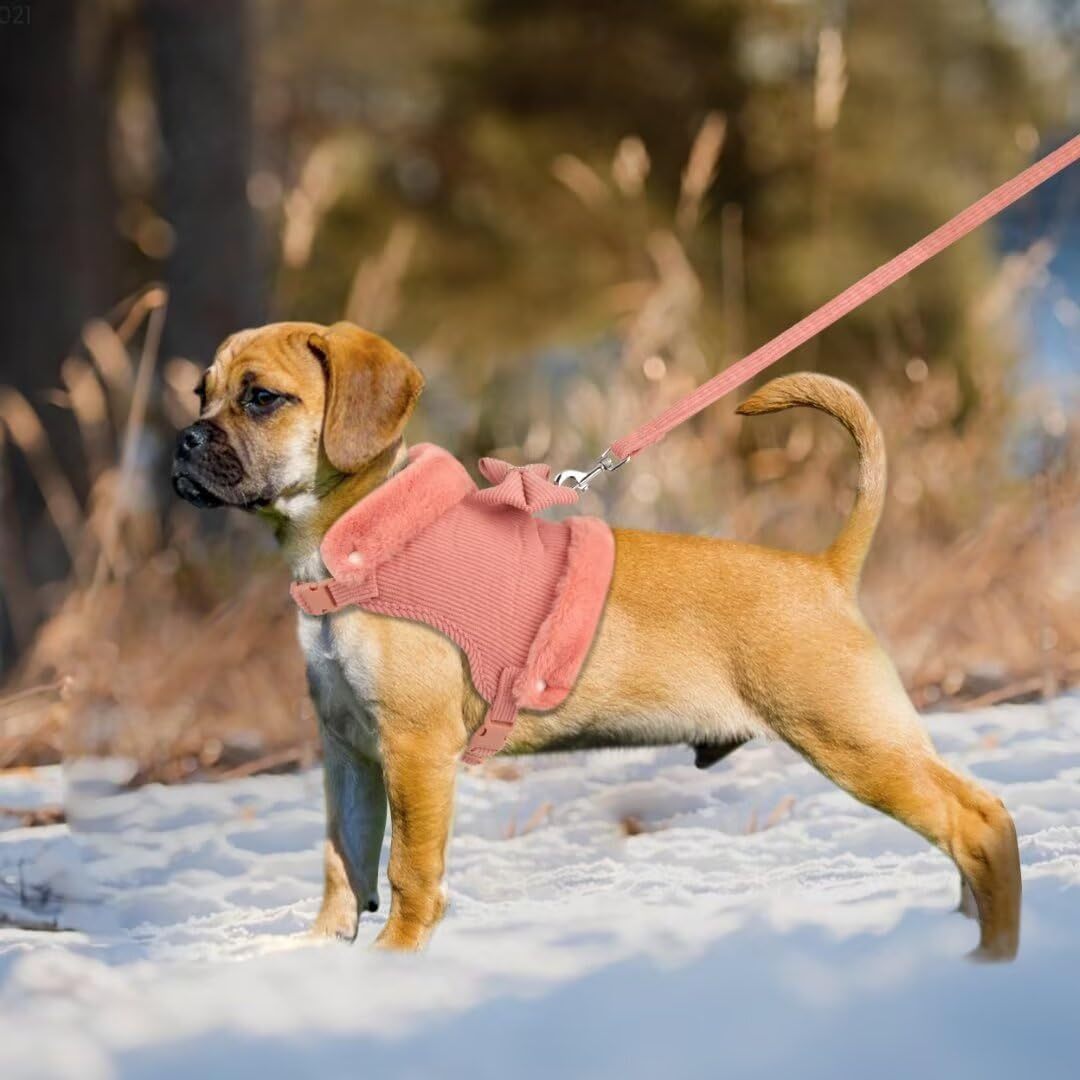 JMT-578890 Adjustable Small Dog Harness and Leash Set with Removable Fur Collar, Soft Padded Design, Quick Release Buckles, Includes Bow Tie, Perfect for Girls