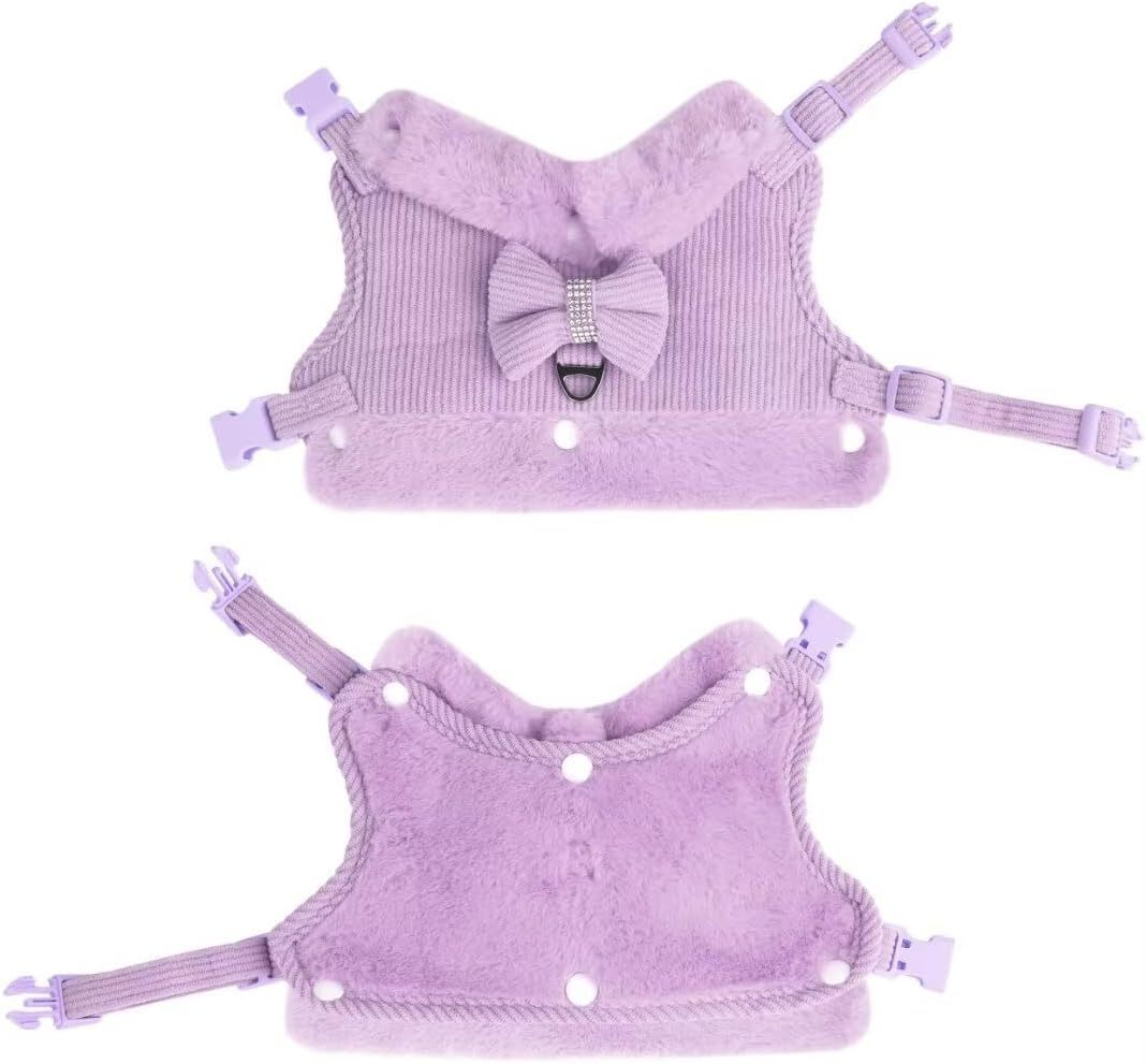 JMT-578890 Adjustable Small Dog Harness and Leash Set with Removable Fur Collar, Soft Padded Design, Quick Release Buckles, Includes Bow Tie, Perfect for Girls