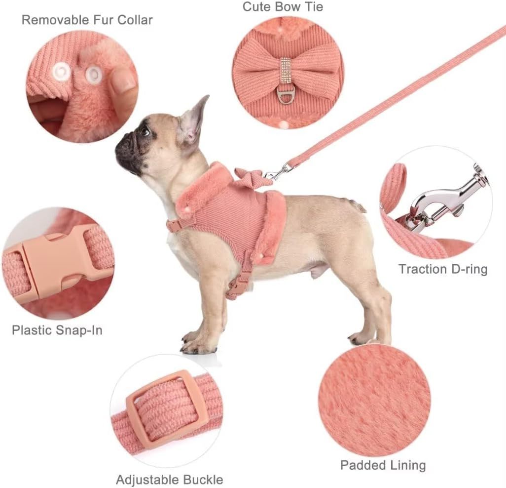 JMT-578890 Adjustable Small Dog Harness and Leash Set with Removable Fur Collar, Soft Padded Design, Quick Release Buckles, Includes Bow Tie, Perfect for Girls