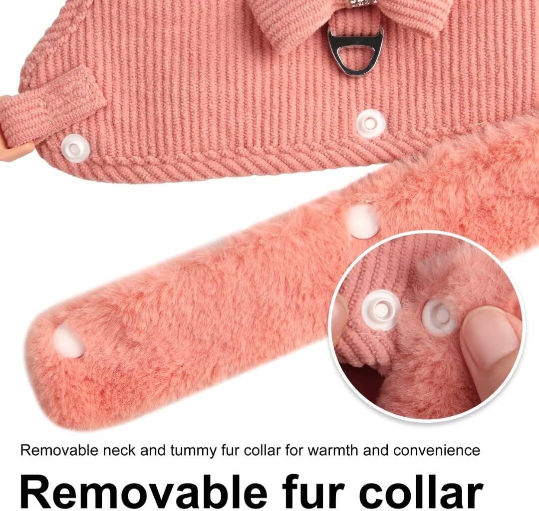 JMT-578890 Adjustable Small Dog Harness and Leash Set with Removable Fur Collar, Soft Padded Design, Quick Release Buckles, Includes Bow Tie, Perfect for Girls