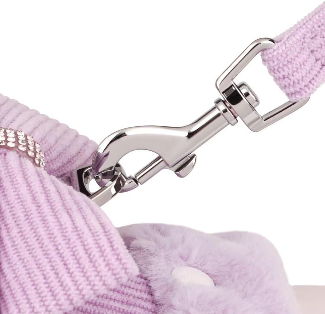 JMT-578890 Adjustable Small Dog Harness and Leash Set with Removable Fur Collar, Soft Padded Design, Quick Release Buckles, Includes Bow Tie, Perfect for Girls