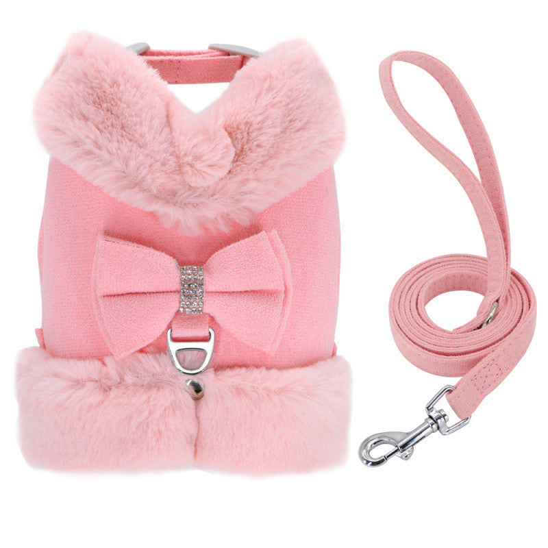 JMT-578890 Adjustable Small Dog Harness and Leash Set with Removable Fur Collar, Soft Padded Design, Quick Release Buckles, Includes Bow Tie, Perfect for Girls