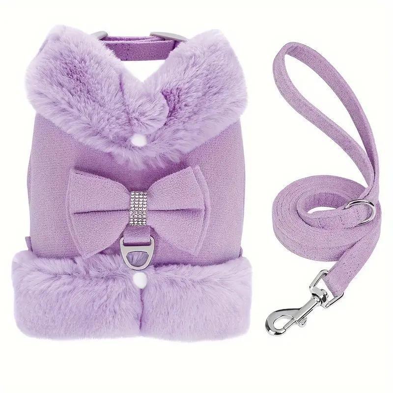 JMT-578890 Adjustable Small Dog Harness and Leash Set with Removable Fur Collar, Soft Padded Design, Quick Release Buckles, Includes Bow Tie, Perfect for Girls