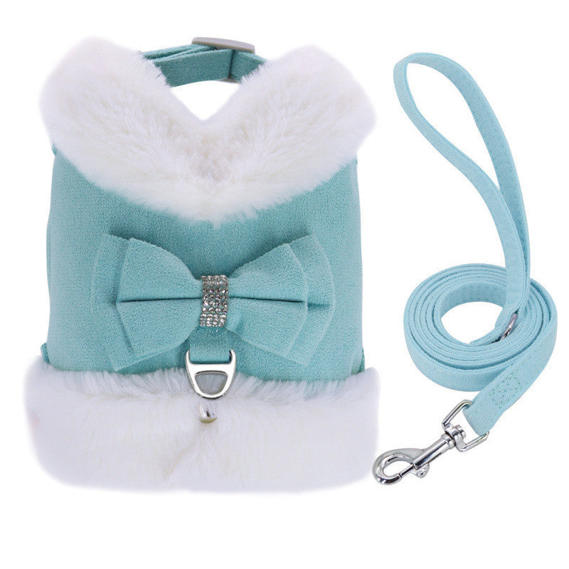JMT-578890 Adjustable Small Dog Harness and Leash Set with Removable Fur Collar, Soft Padded Design, Quick Release Buckles, Includes Bow Tie, Perfect for Girls