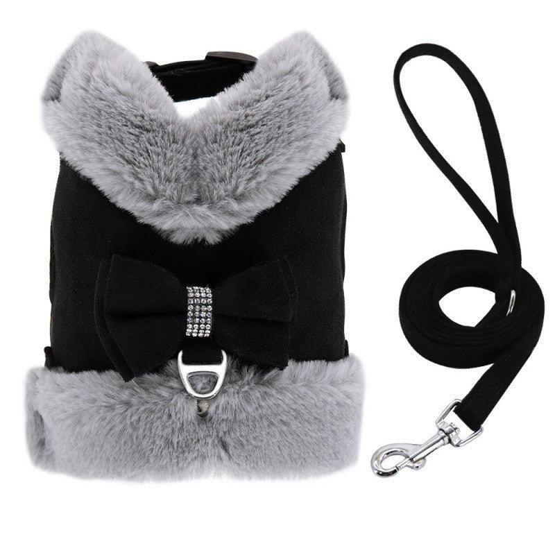 JMT-578890 Adjustable Small Dog Harness and Leash Set with Removable Fur Collar, Soft Padded Design, Quick Release Buckles, Includes Bow Tie, Perfect for Girls