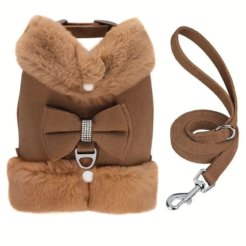 JMT-578890 Adjustable Small Dog Harness and Leash Set with Removable Fur Collar, Soft Padded Design, Quick Release Buckles, Includes Bow Tie, Perfect for Girls