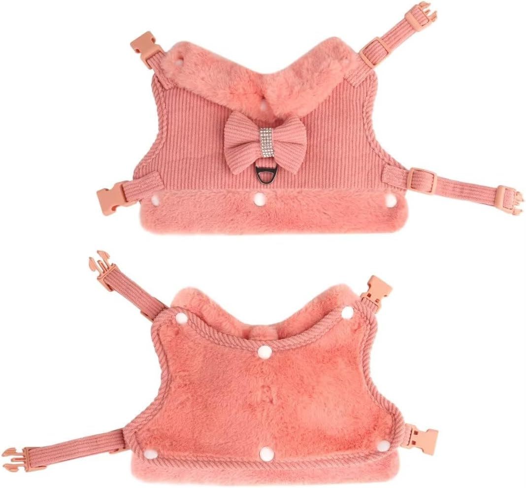 JMT-578890 Adjustable Small Dog Harness and Leash Set with Removable Fur Collar, Soft Padded Design, Quick Release Buckles, Includes Bow Tie, Perfect for Girls