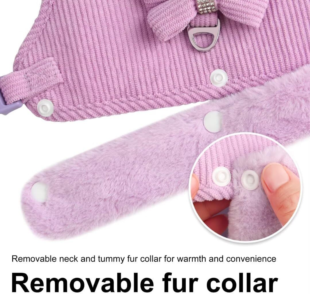 JMT-578890 Adjustable Small Dog Harness and Leash Set with Removable Fur Collar, Soft Padded Design, Quick Release Buckles, Includes Bow Tie, Perfect for Girls