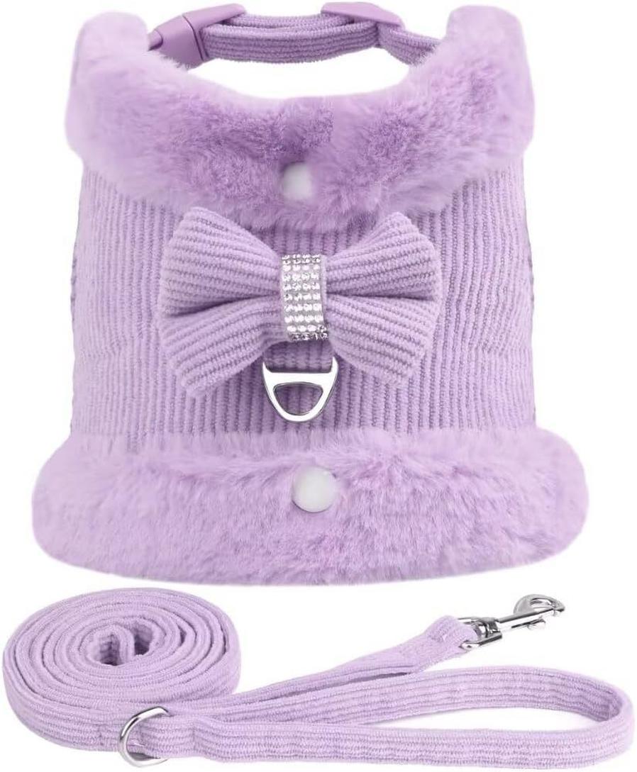 JMT-578890 Adjustable Small Dog Harness and Leash Set with Removable Fur Collar, Soft Padded Design, Quick Release Buckles, Includes Bow Tie, Perfect for Girls