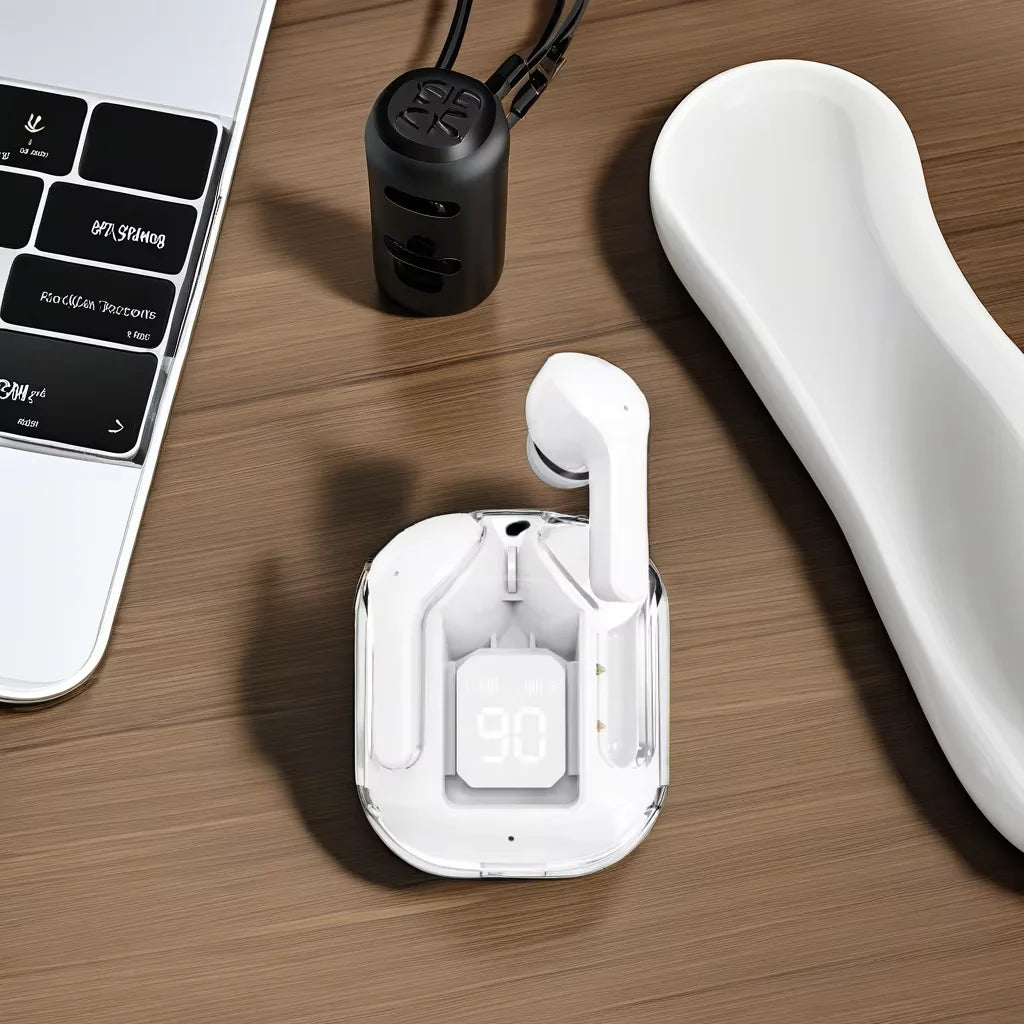 JMT-578890 Crystal TWS Mini Wireless In-Ear Earbuds with LED Display and JL Chipset for Gaming