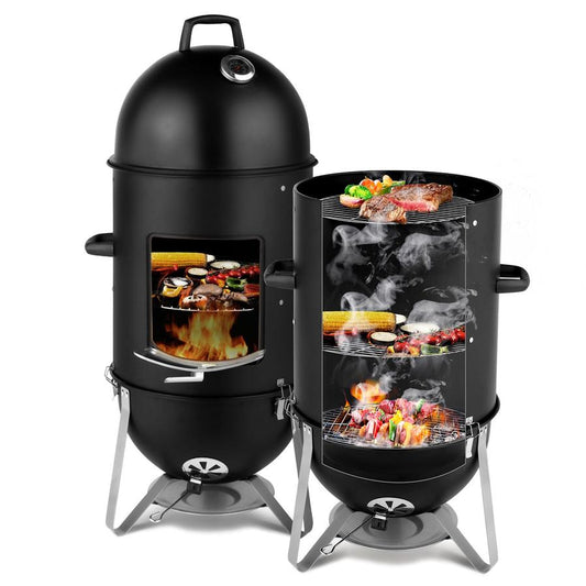 JMT-579594 Black 3-Layer Oval Cylinder Charcoal Grill Smoker - 48x48x119cm