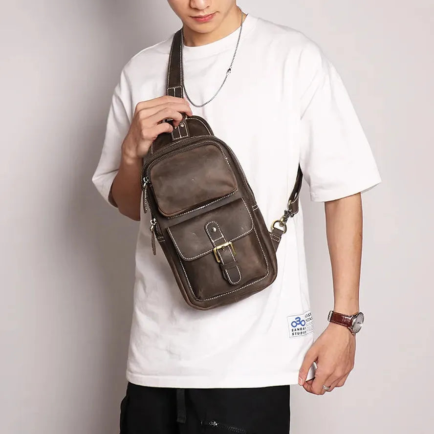 JMT-581898 Retro Leather Chest Bag for Men - Genuine Crazy Horse Leather Messenger Bag in Multiple Colours