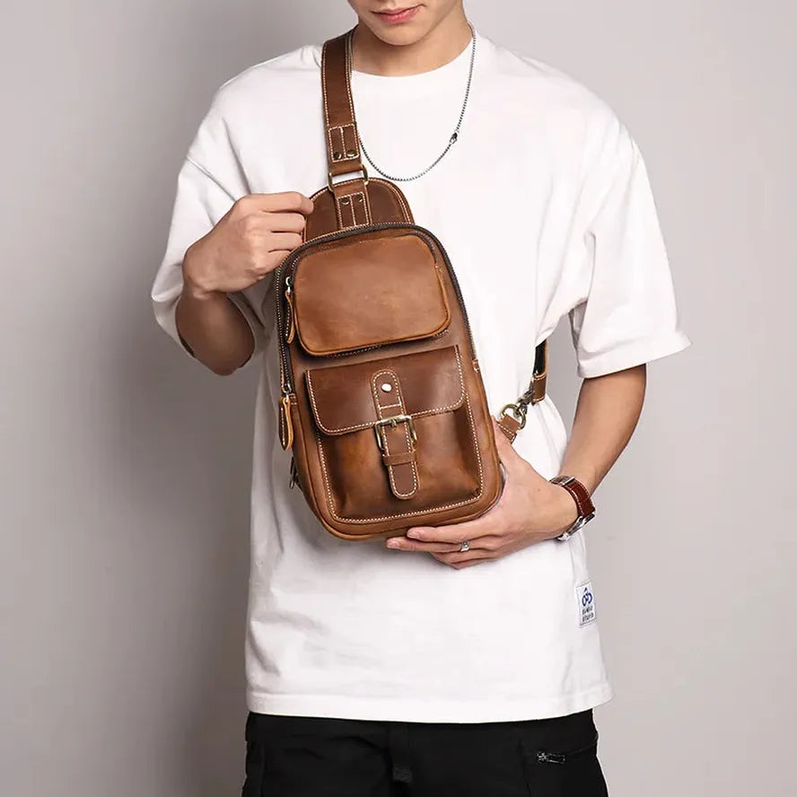 JMT-581898 Retro Leather Chest Bag for Men - Genuine Crazy Horse Leather Messenger Bag in Multiple Colours