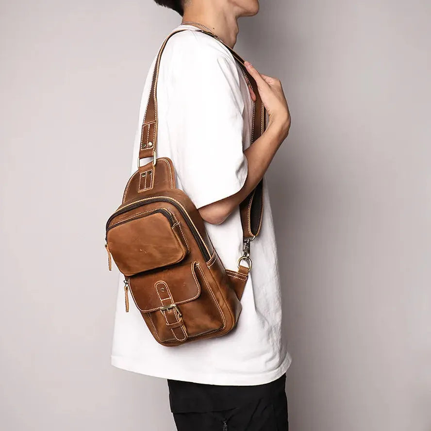 JMT-581898 Retro Leather Chest Bag for Men - Genuine Crazy Horse Leather Messenger Bag in Multiple Colours