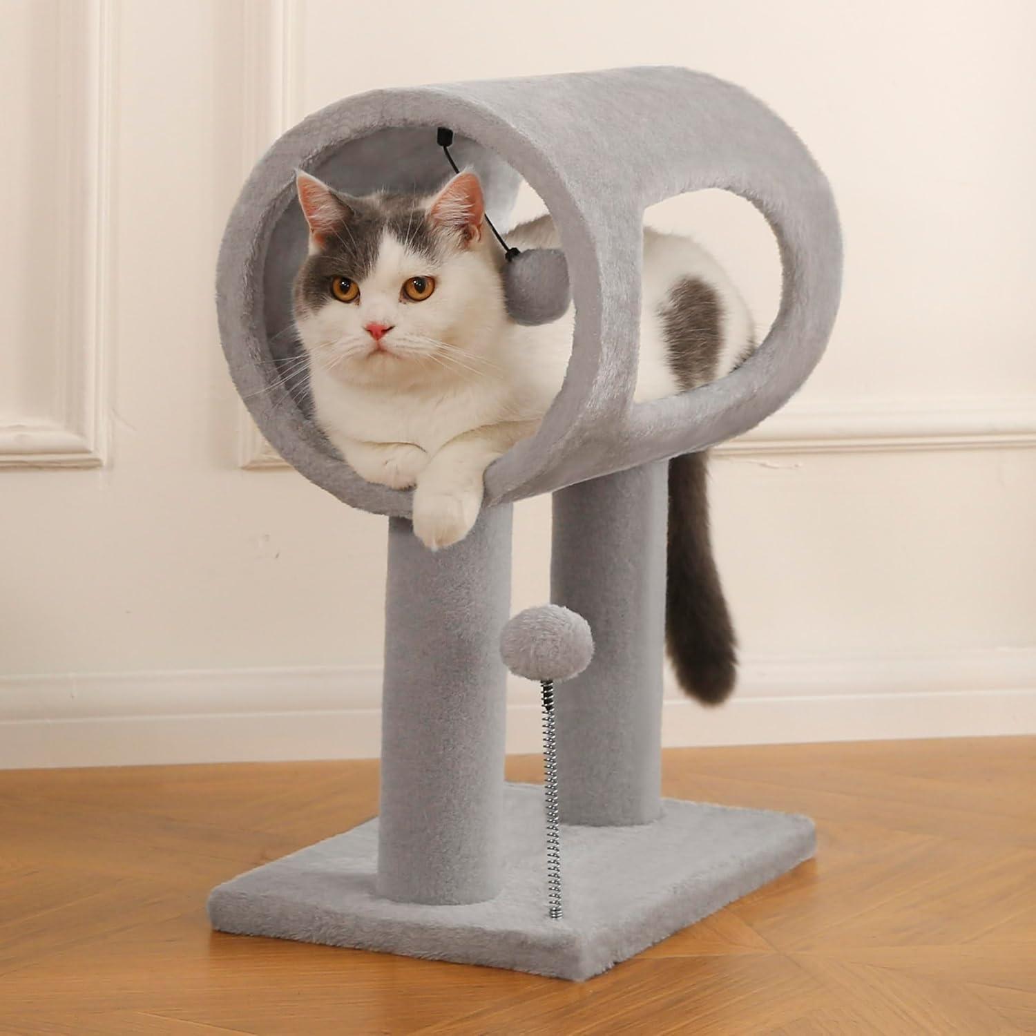 JMT-582026 Gray Indoor Cat Tree with Tunnel, Scratching Posts, and Hanging Balls for Playful Cats