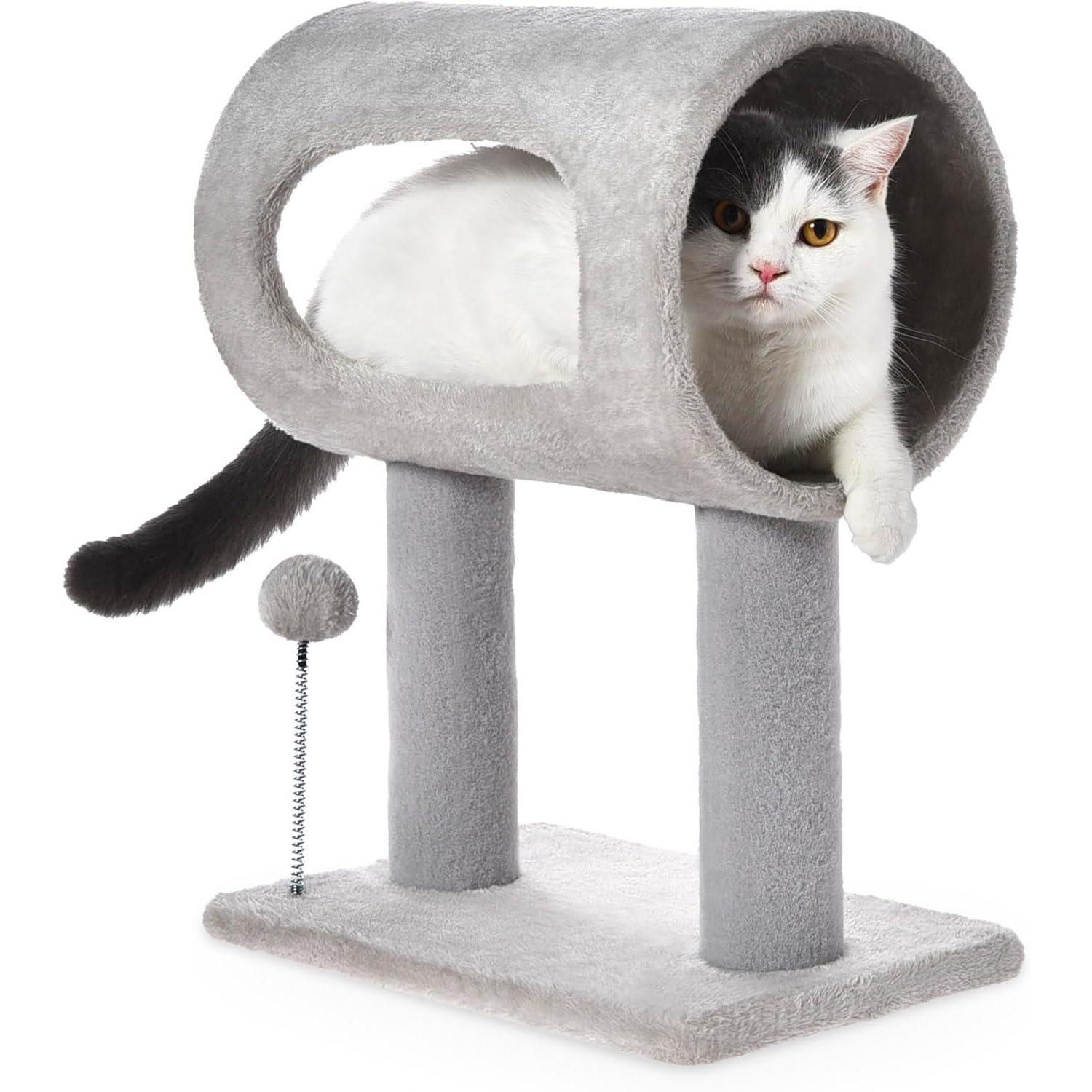 JMT-582026 Gray Indoor Cat Tree with Tunnel, Scratching Posts, and Hanging Balls for Playful Cats