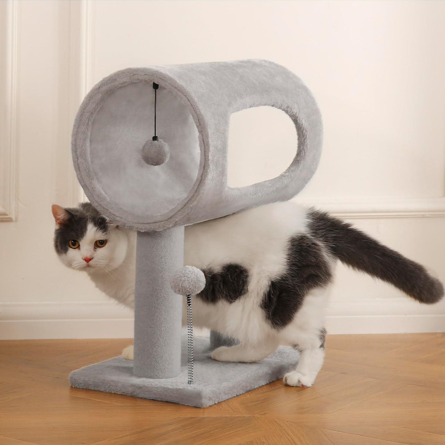 JMT-582026 Gray Indoor Cat Tree with Tunnel, Scratching Posts, and Hanging Balls for Playful Cats