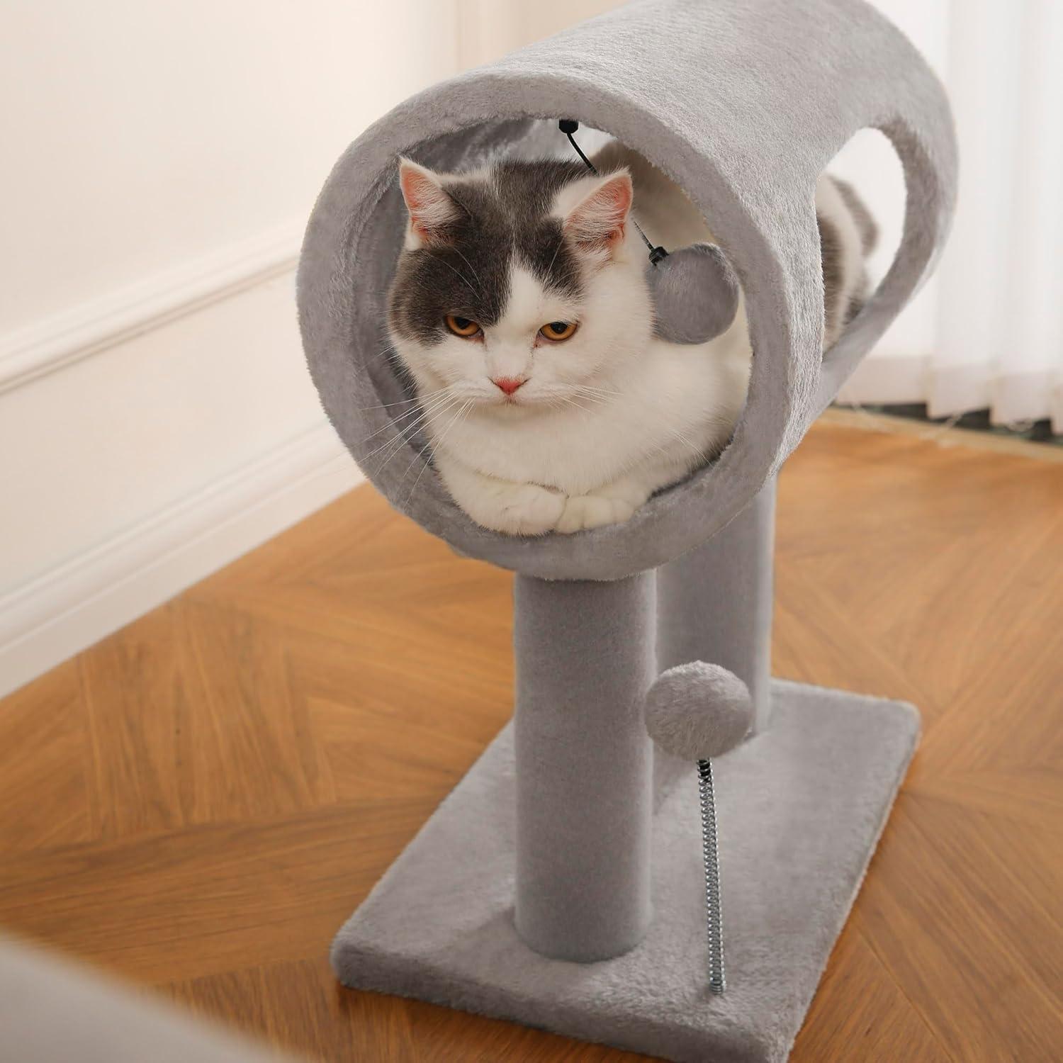 JMT-582026 Gray Indoor Cat Tree with Tunnel, Scratching Posts, and Hanging Balls for Playful Cats