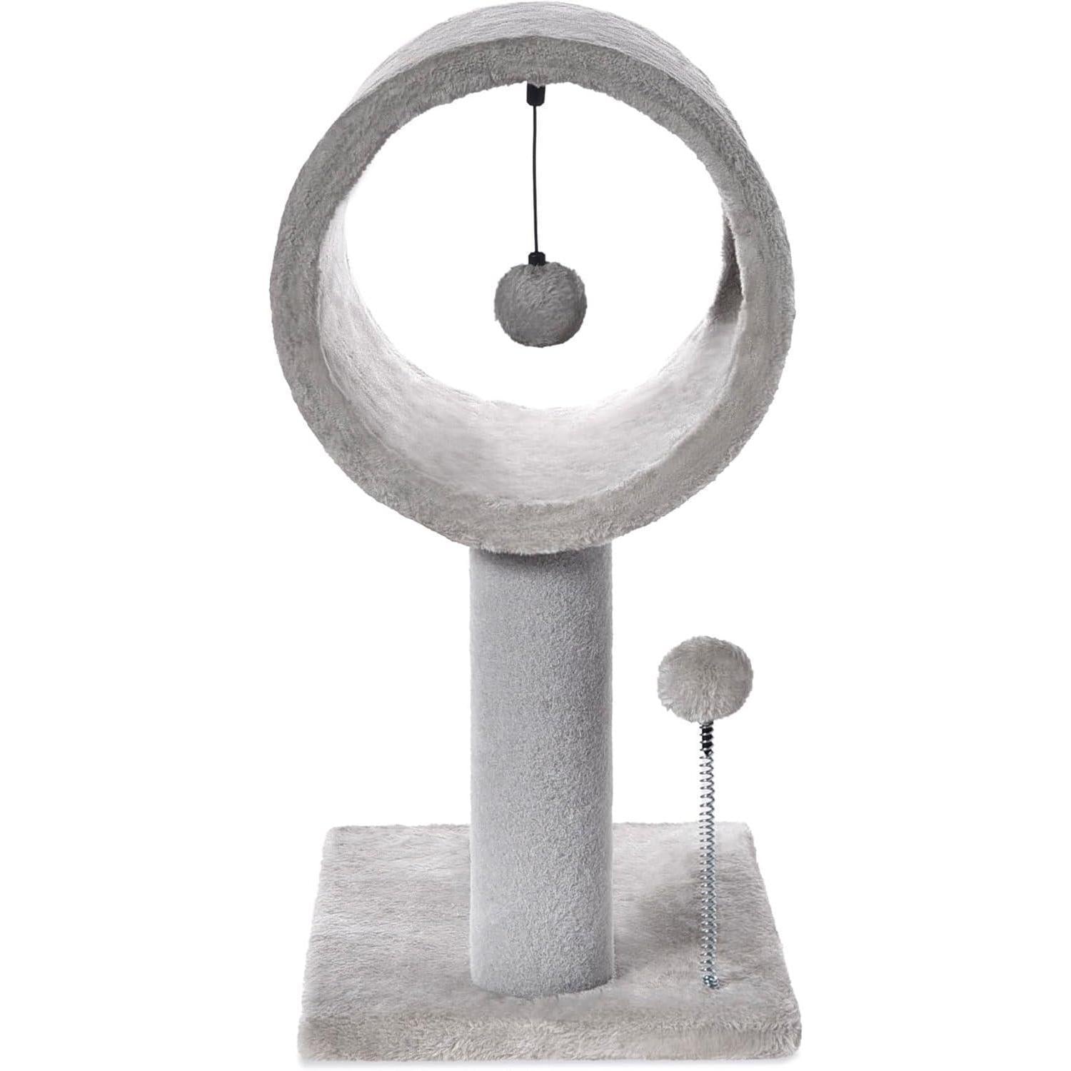 JMT-582026 Gray Indoor Cat Tree with Tunnel, Scratching Posts, and Hanging Balls for Playful Cats