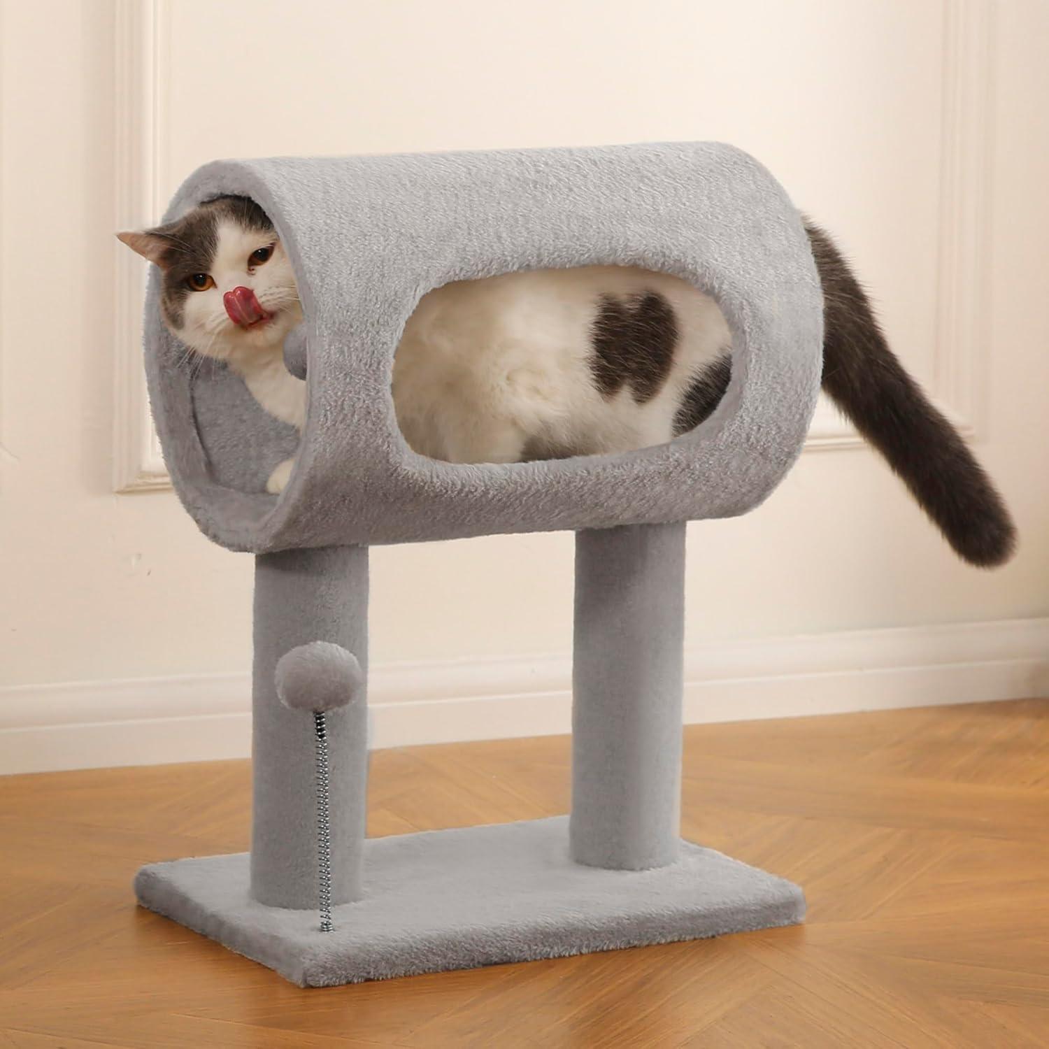 JMT-582026 Gray Indoor Cat Tree with Tunnel, Scratching Posts, and Hanging Balls for Playful Cats