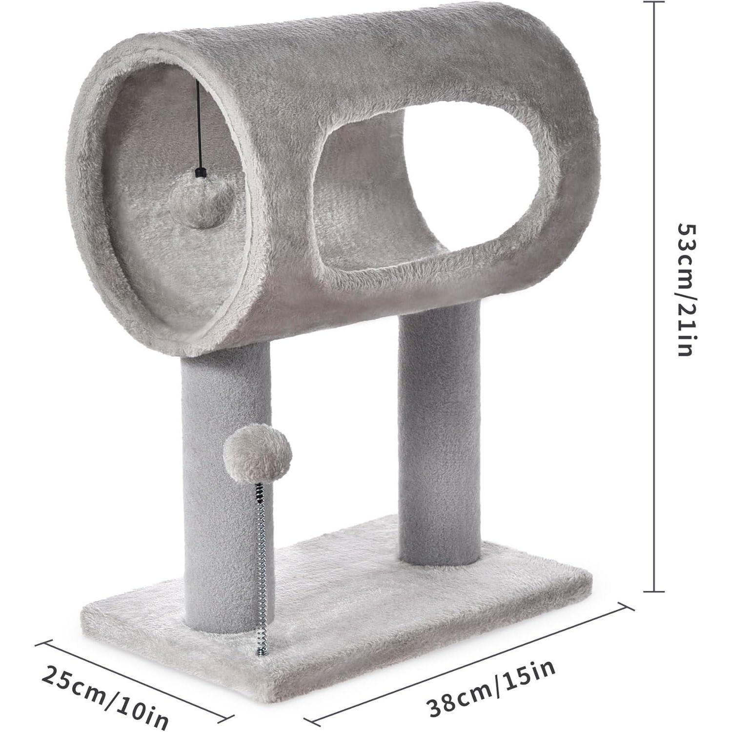 JMT-582026 Gray Indoor Cat Tree with Tunnel, Scratching Posts, and Hanging Balls for Playful Cats