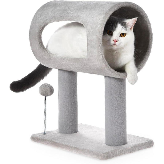 JMT-582026 Gray Indoor Cat Tree with Tunnel, Scratching Posts, and Hanging Balls for Playful Cats