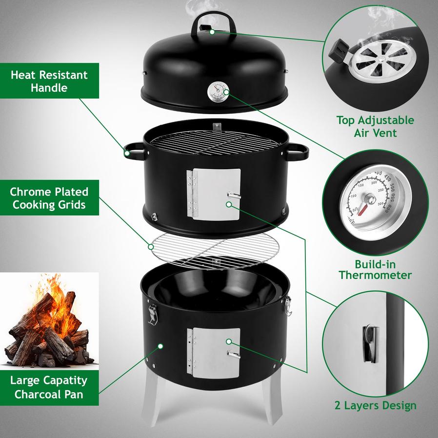 JMT-583050 Cylindrical Charcoal Grill Smoker - Double-Walled Design, 47x41.5x82cm