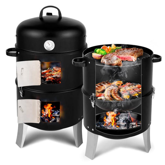 JMT-583050 Cylindrical Charcoal Grill Smoker - Double-Walled Design, 47x41.5x82cm