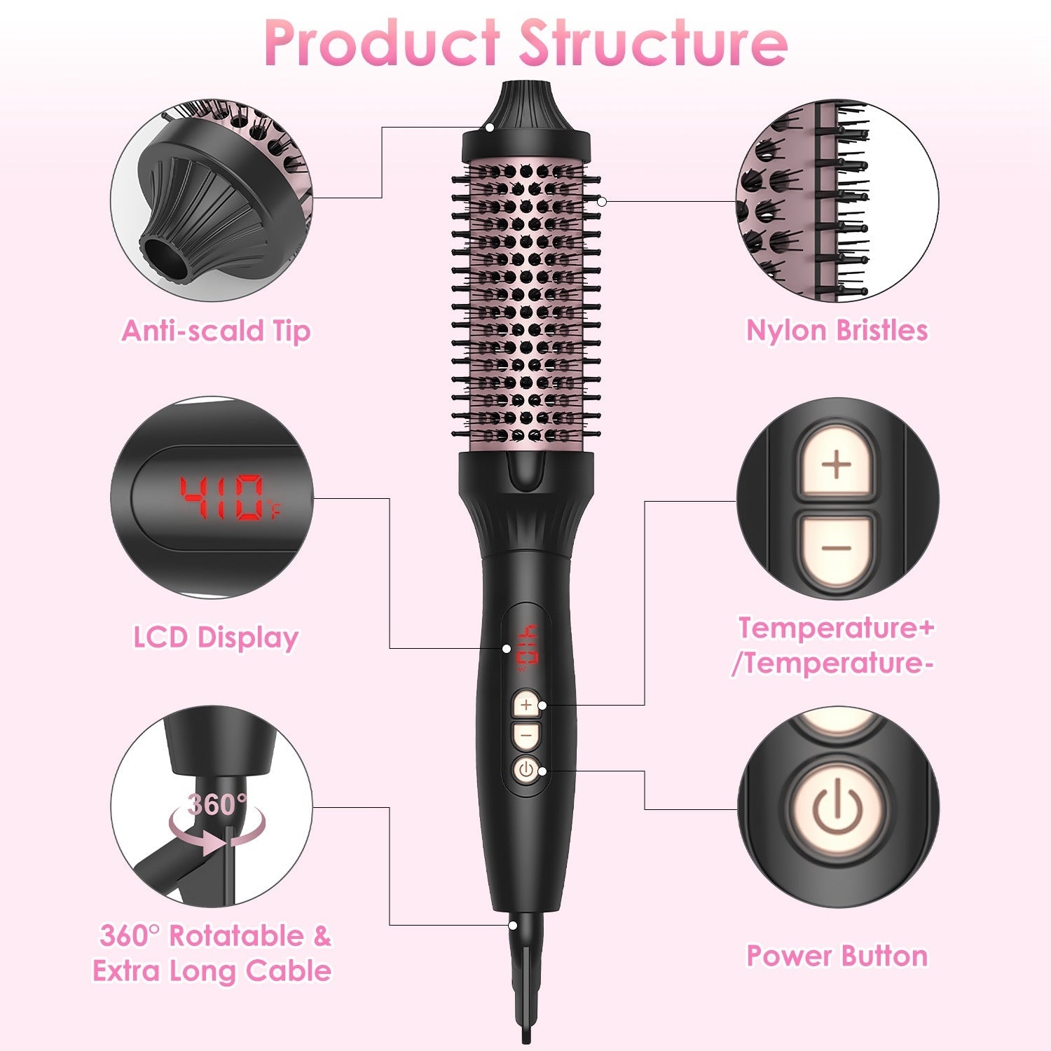 JMT-584458 3-in-1 Thermal Brush for Hair Styling, Straightening, and Curling with 10 Heating Levels and Fast 30S Heating
