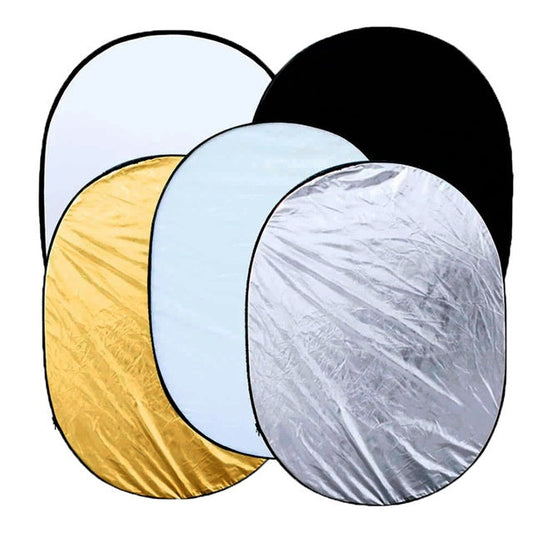 JMT-584842 5-in-1 Collapsible Light Reflector Set with Gold, Silver, White, Black, and Translucent Surfaces