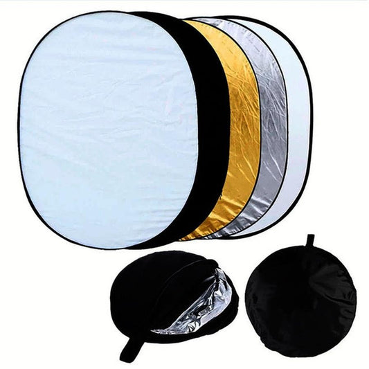 JMT-584842 5-in-1 Collapsible Light Reflector Set with Gold, Silver, White, Black, and Translucent Surfaces