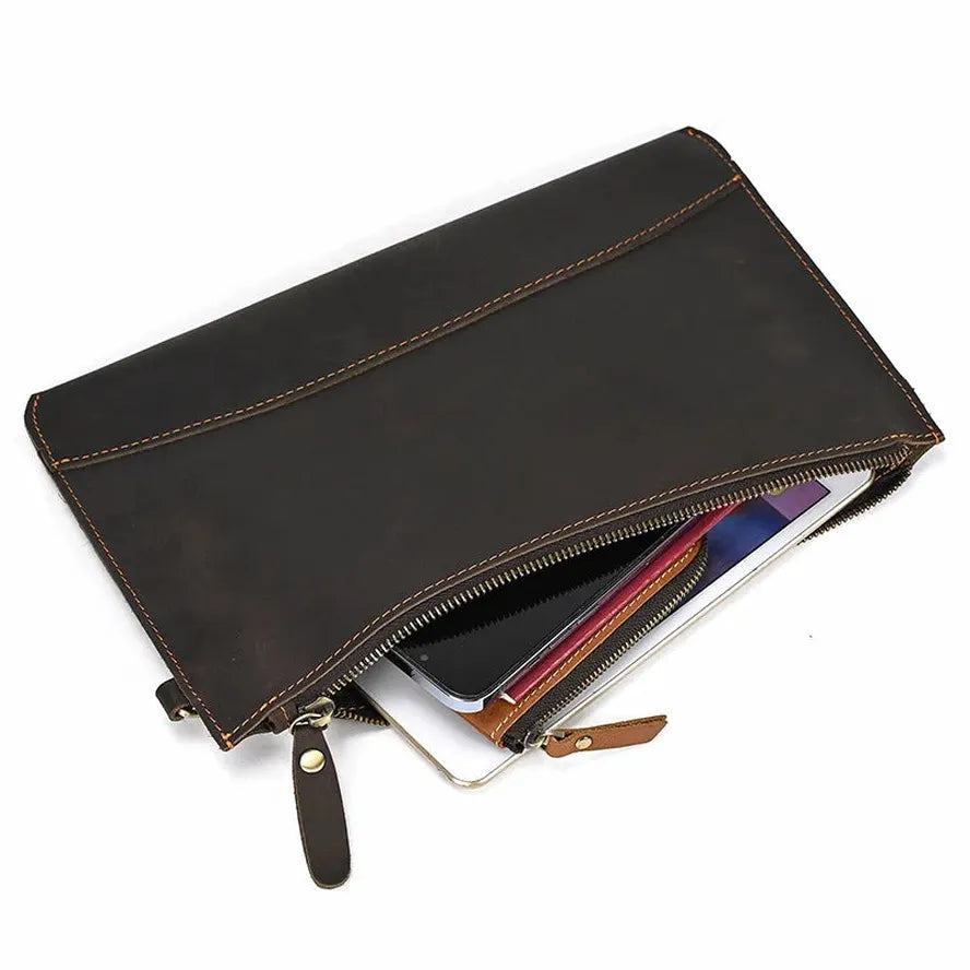 JMT-586506 Vintage Leather Handbag for Men - Large Capacity Crazy Horse Leather Clutch with Zipper Closure